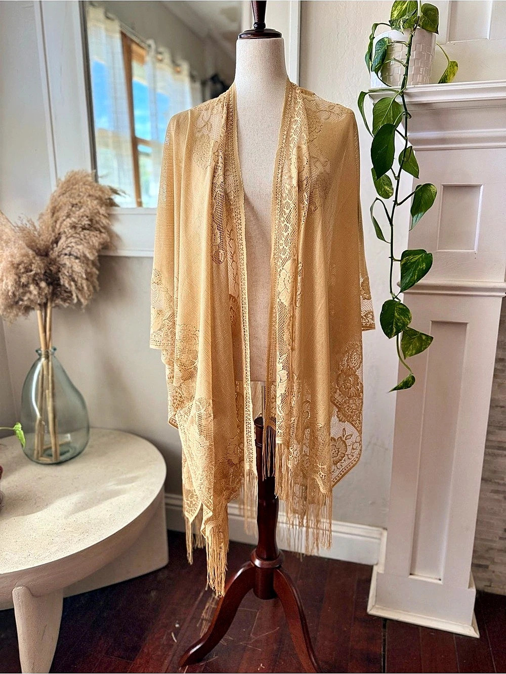 Lace Fringe Kimono in Beige Like New